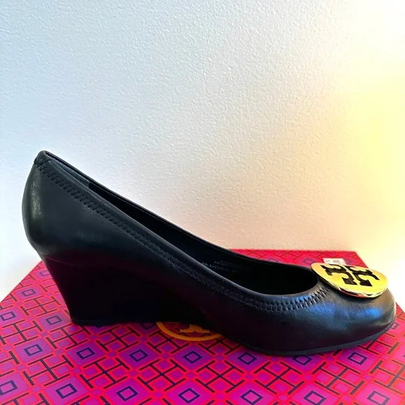 Like New! Tory Burch Sally Black Wedge with Gold Emblem - Picture 6 of 10